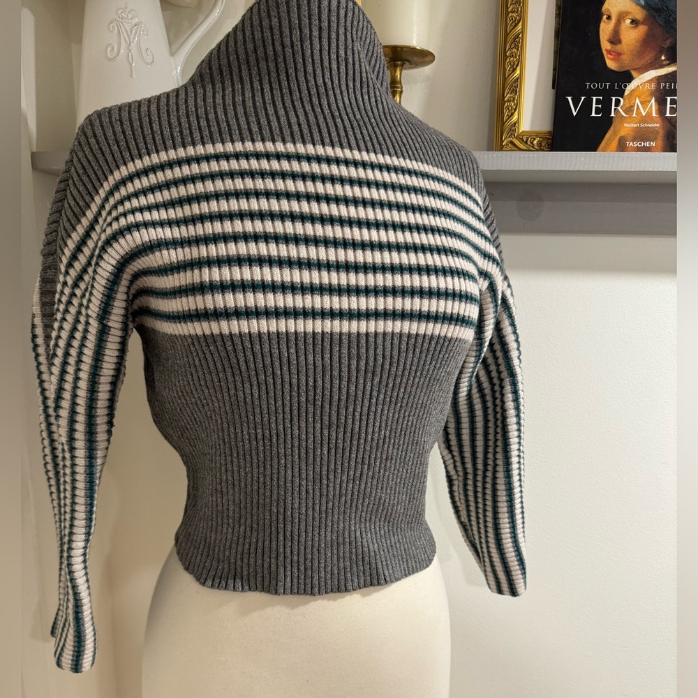 Stylish Fitted Grey Sweater with White and Green Stripes- High Collar Si…